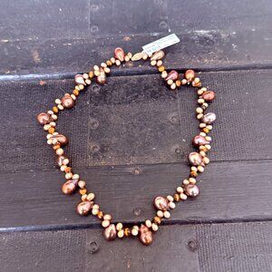 14K Gold Keshi Freshwater Pearl Necklace Maroon Brown Tones FW Pearls